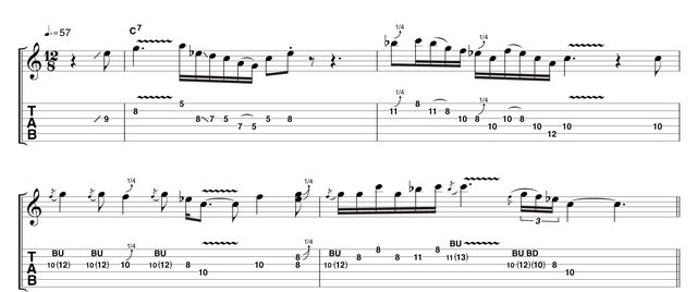 blank This busy phrase features all the important elements. Short snappy notes appear alongside flowing pentatonic lines, intense vibrato and all manner of string bending. As if this weren't enough, there are triplets, doublestops and dotted 'swing' rhythms